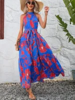Rochie Lunga Sanita Albastra cu Flori Rosii - imagine 3