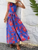 Rochie Lunga Sanita Albastra cu Flori Rosii - imagine 5