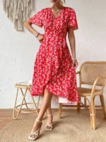 Rochie Midi Avima Rosie cu Flori Albe - imagine 4