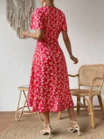 Rochie Midi Avima Rosie cu Flori Albe - imagine 2
