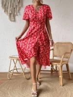 Rochie Midi Avima Rosie cu Flori Albe - imagine 5