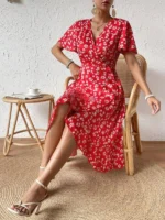 Rochie Midi Avima Rosie cu Flori Albe - imagine 3