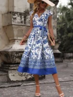Rochie Midi Aiura Alba cu Print Bleu - imagine 4