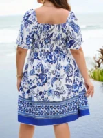 Rochie Scurta Amiga Alba cu flori Bleu - Marimi Mari - imagine 2