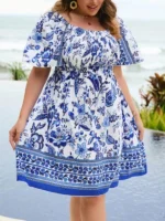 Rochie Scurta Amiga Alba cu flori Bleu - Marimi Mari - imagine 3