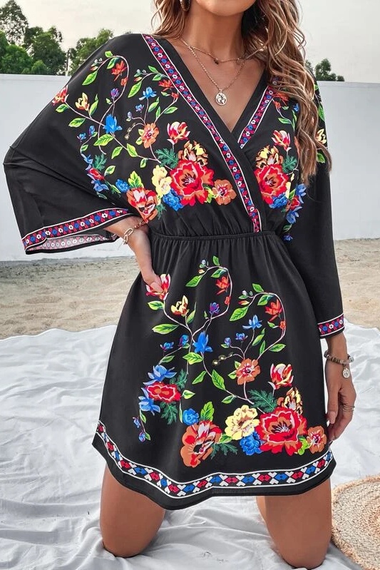 cilio-1.1 Rochie Scurta Cilio Neagra cu Print Floral - imagine 1