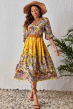 Rochie Midi Fecob Galbena cu Print Floral