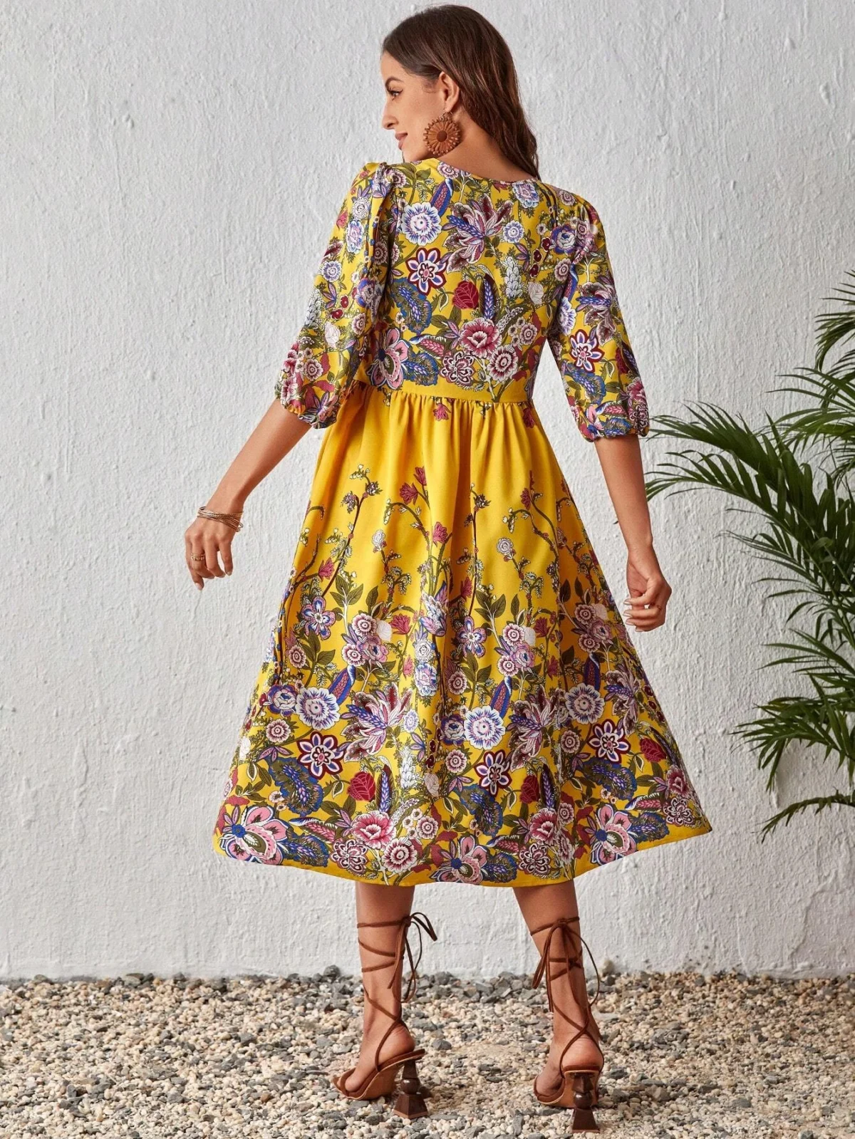 Rochie Midi Fecob Galbena cu Print Floral - imagine 2