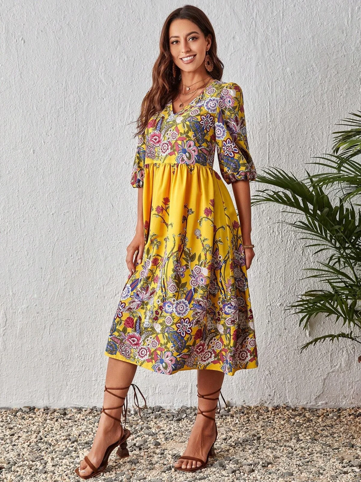 Rochie Midi Fecob Galbena cu Print Floral - imagine 3