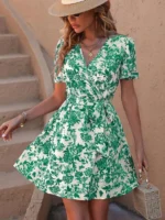Rochie Scurta Harmoni Crem cu flori Verzi - imagine 4
