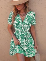 Rochie Scurta Harmoni Crem cu flori Verzi - imagine 3