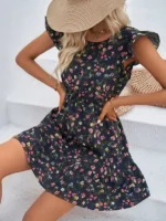 Rochie Scurta Inez Bleumarin cu Print Floral - imagine 3