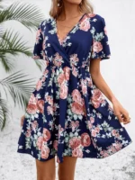 Rochie Scurta Leion Bleumarin cu Print Floral - imagine 3