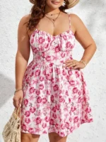 Rochie Scurta Olga Alba cu flori Roz- Marimi Mari - imagine 4