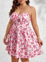 Rochie Scurta Olga Alba cu flori Roz- Marimi Mari - imagine 3
