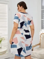 Rochie Scurta Simoni Alba cu Print Geometric -Marimi Mari - imagine 2