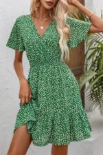 Rochie Scurta Tatiana Verde cu Print Floral Alb