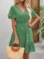 Rochie Scurta Tatiana Verde cu Print Floral Alb - imagine 3