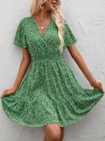 Rochie Scurta Tatiana Verde cu Print Floral Alb - imagine 4