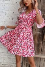 Rochie Scurta Andela Alba cu Flori Rosii