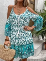 Rochie Scurta Rujela Alba cu Flori Turcoaz - imagine 5