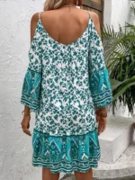 Rochie Scurta Rujela Alba cu Flori Turcoaz - imagine 2