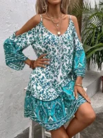Rochie Scurta Rujela Alba cu Flori Turcoaz - imagine 4