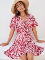 Rochie Scurta Frida cu Flori Rosii