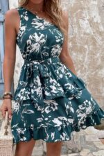 Rochie Scurta Albastra cu Flori Albe