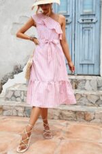 Rochie Midi Adriela Alba cu dungi Roz