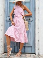 Rochie Midi Adriela Alba cu dungi Roz - imagine 4