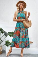 Rochie Midi Beba Turcoaz cu Print Portocaliu