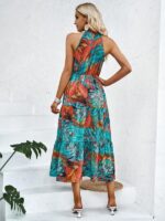 Rochie Midi Beba Turcoaz cu Print Portocaliu - imagine 2