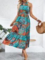 Rochie Midi Beba Turcoaz cu Print Portocaliu - imagine 4