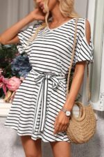 Rochie Scurta Beldona Alba cu Dungi Negre