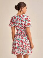 Rochie Scurta Eliodora Alba cu Print Floral Rosu - imagine 2