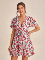 Rochie Scurta Eliodora Alba cu Print Floral Rosu - imagine 3