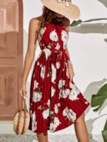 Rochie Midi Simoda Grena cu flori Albe - imagine 4