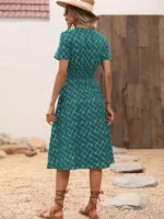 Rochie Midi Velvet Verde cu Print Alb - imagine 2