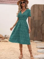 Rochie Midi Velvet Verde cu Print Alb - imagine 4