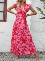 Rochie Midi Zales Roz cu flori Rosii - imagine 3