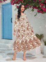 Rochie Lunga Joelle Bej cu Print Floral