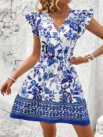 Rochie Scurta Alba cu Print Albastru