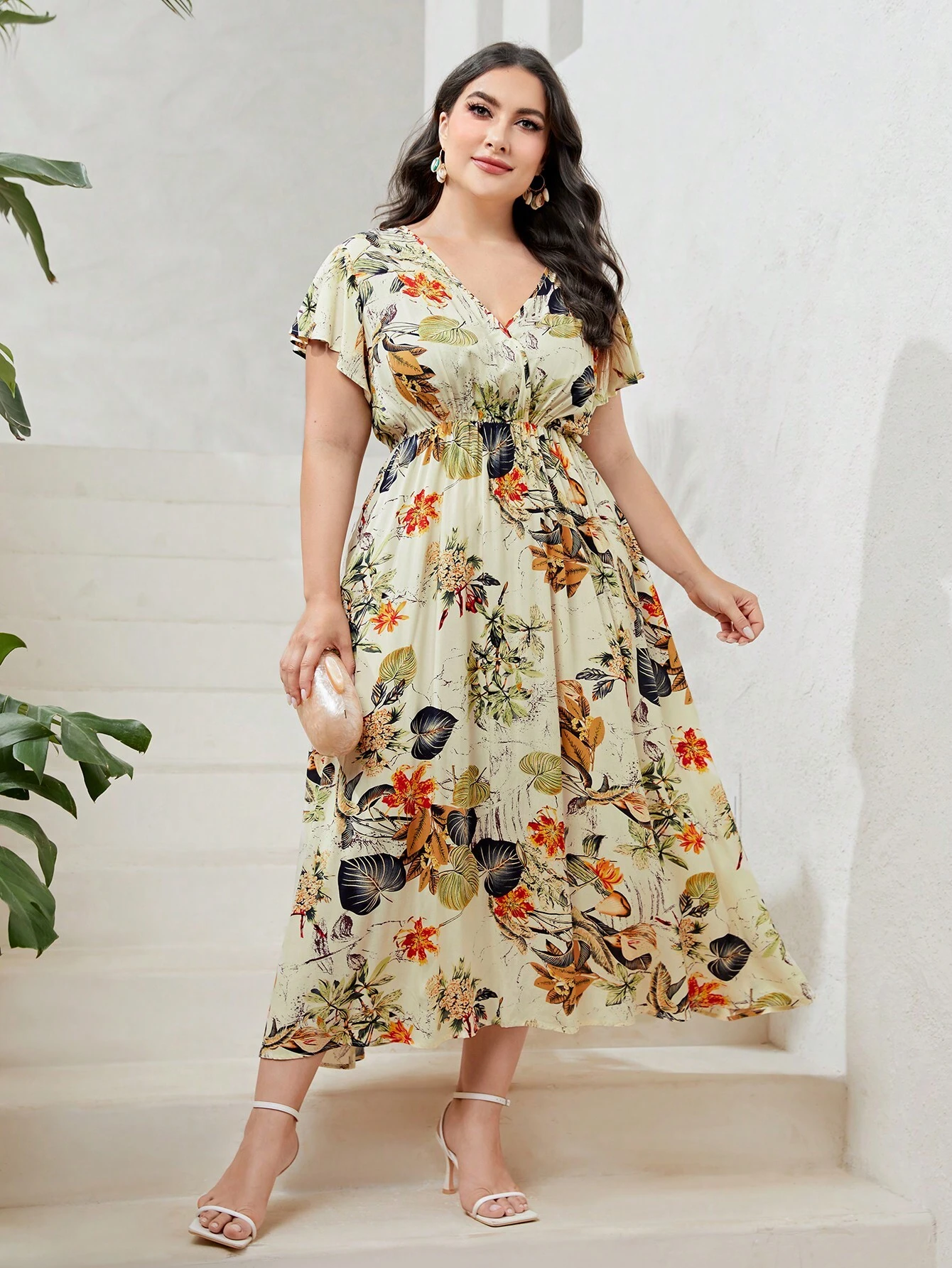 137 Rochie Midi Fiona Bej Inflorata - Marimi Mari