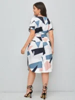 Rochie Midi Catalina Alba cu Print Geometric - Marimi Mari - imagine 3