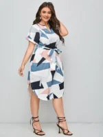 Rochie Midi Catalina Alba cu Print Geometric - Marimi Mari - imagine 4