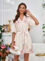 Rochie Scurta Micola Bej cu Print Floral - imagine 4