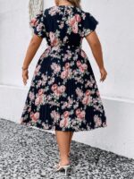 Rochie Midi Alora Bleumarin Inflorata - Marimi Mari - imagine 2