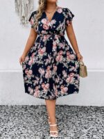 Rochie Midi Alora Bleumarin Inflorata - Marimi Mari - imagine 3