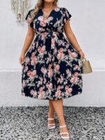 Rochie Midi Alora Bleumarin Inflorata - Marimi Mari - imagine 5